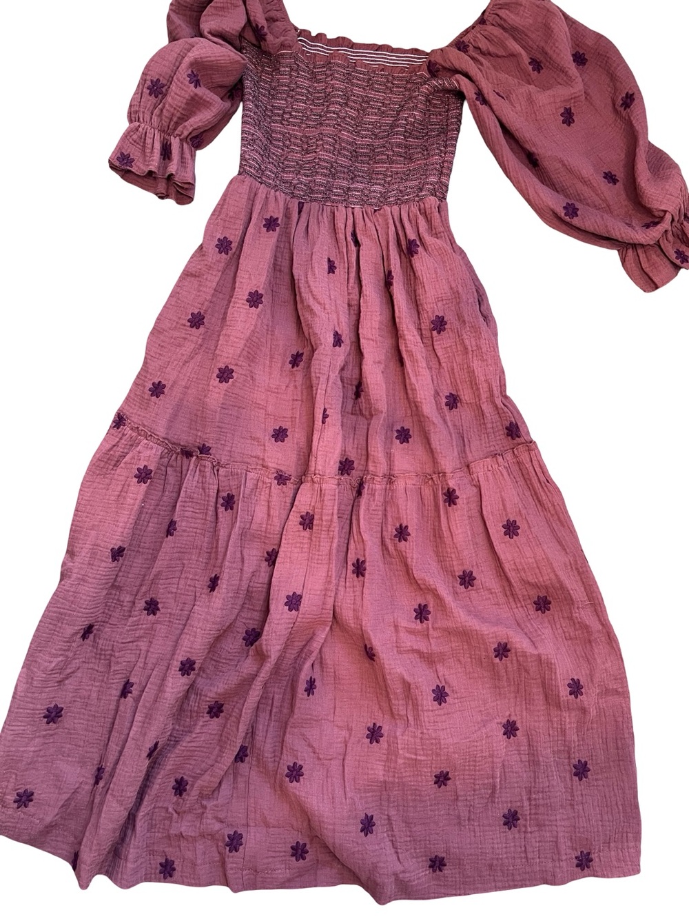 Dahlia dupe Smocked Puff-Sleeve Floral Embroidered Maxi Dress Brown Boho Med